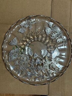 VTG Silver City Round Clear Glass Platinum Flower Overlay Raised Footed Platter
